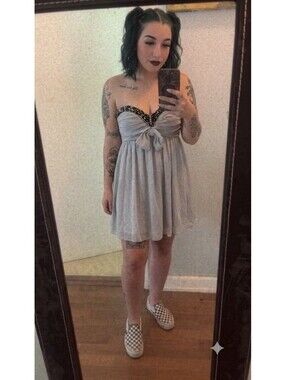 Must Have Grey Strapless Empire Waist Cocktail Dress Beaded Sweetheart Chiffon L